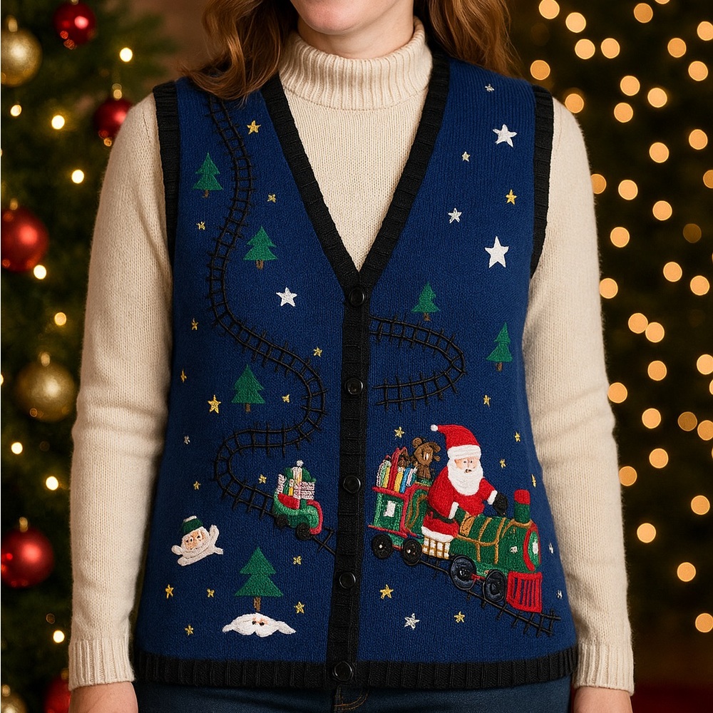 Bobbie Brooks Christmas Sweater Vest 18W/20W Santa Train Embroidered